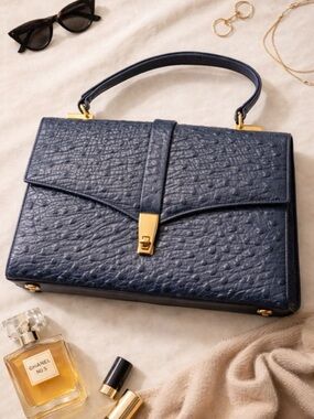 Classic Navy Structured Top-Handle Bag with Gold Hardware
